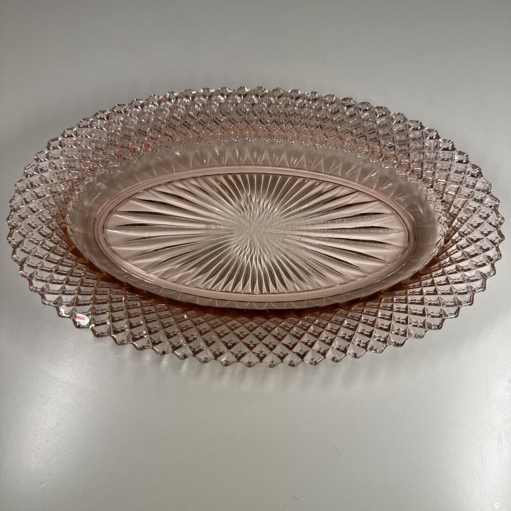 Anchor Hocking Miss America Pink Glass Oval Platter 11” Vintage 1930s